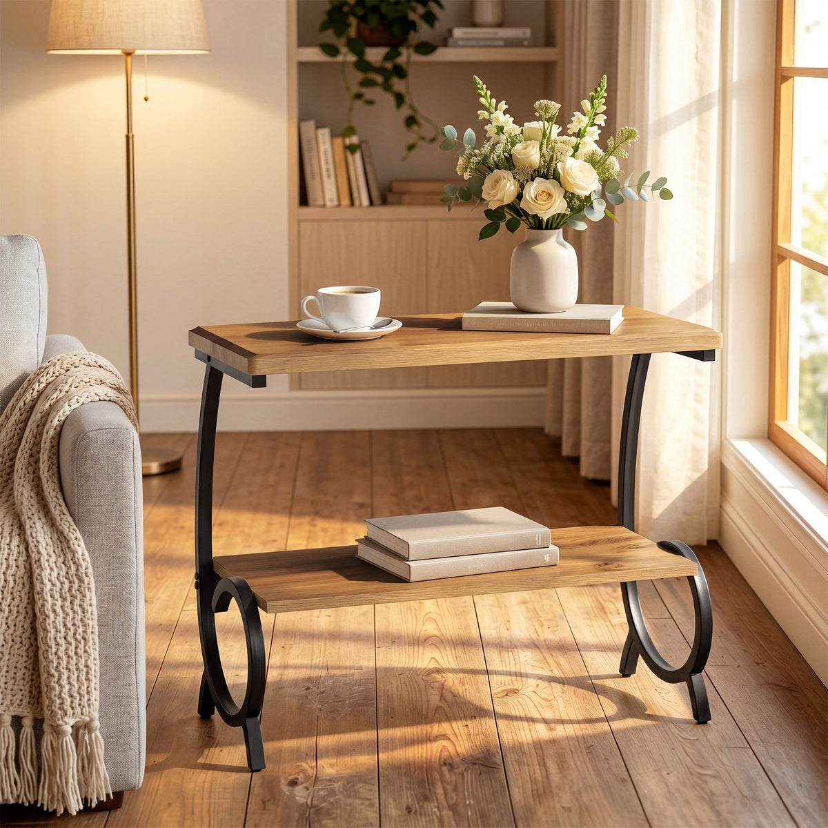 23.6-Inch Tall 2-Tier End Table, Narrow Couch Side Table with J-Shaped Metal Legs