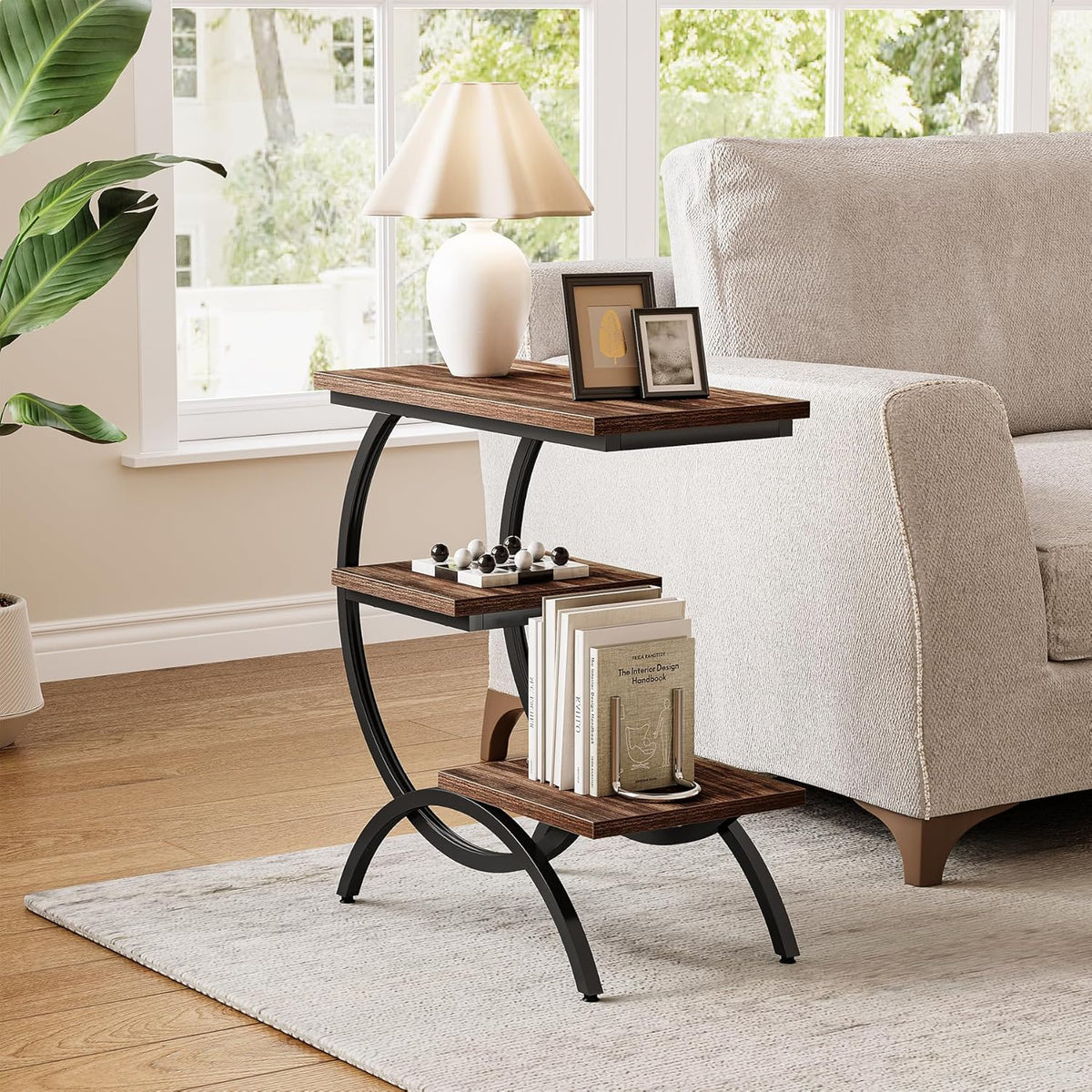 23.62" Industrial Brown Oak Side Table - Black Metal C-Frame & 3 Shelves