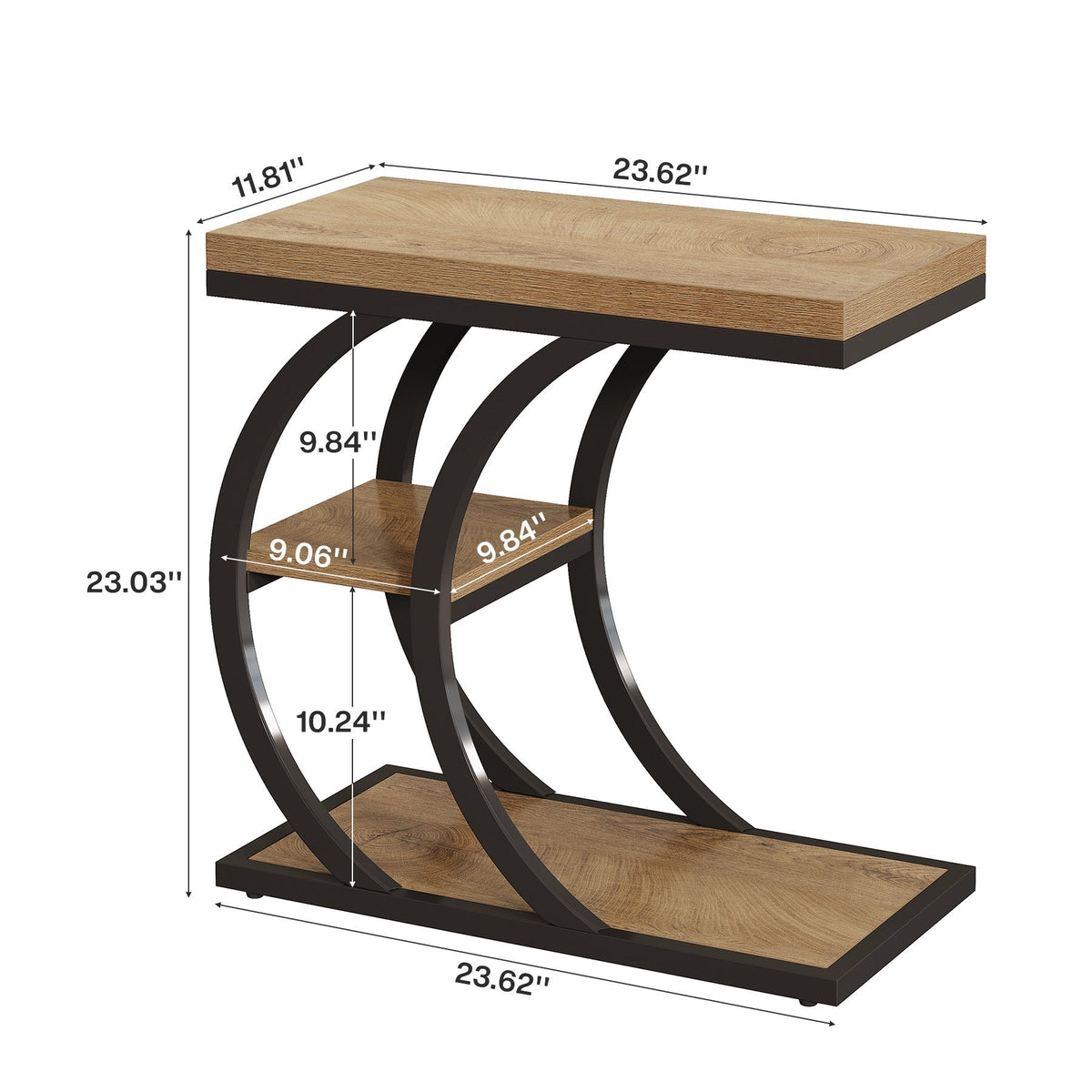 C-Space 3-Tier End Table, A Narrow C-Shaped Wood & Metal Side Table for Small Spaces