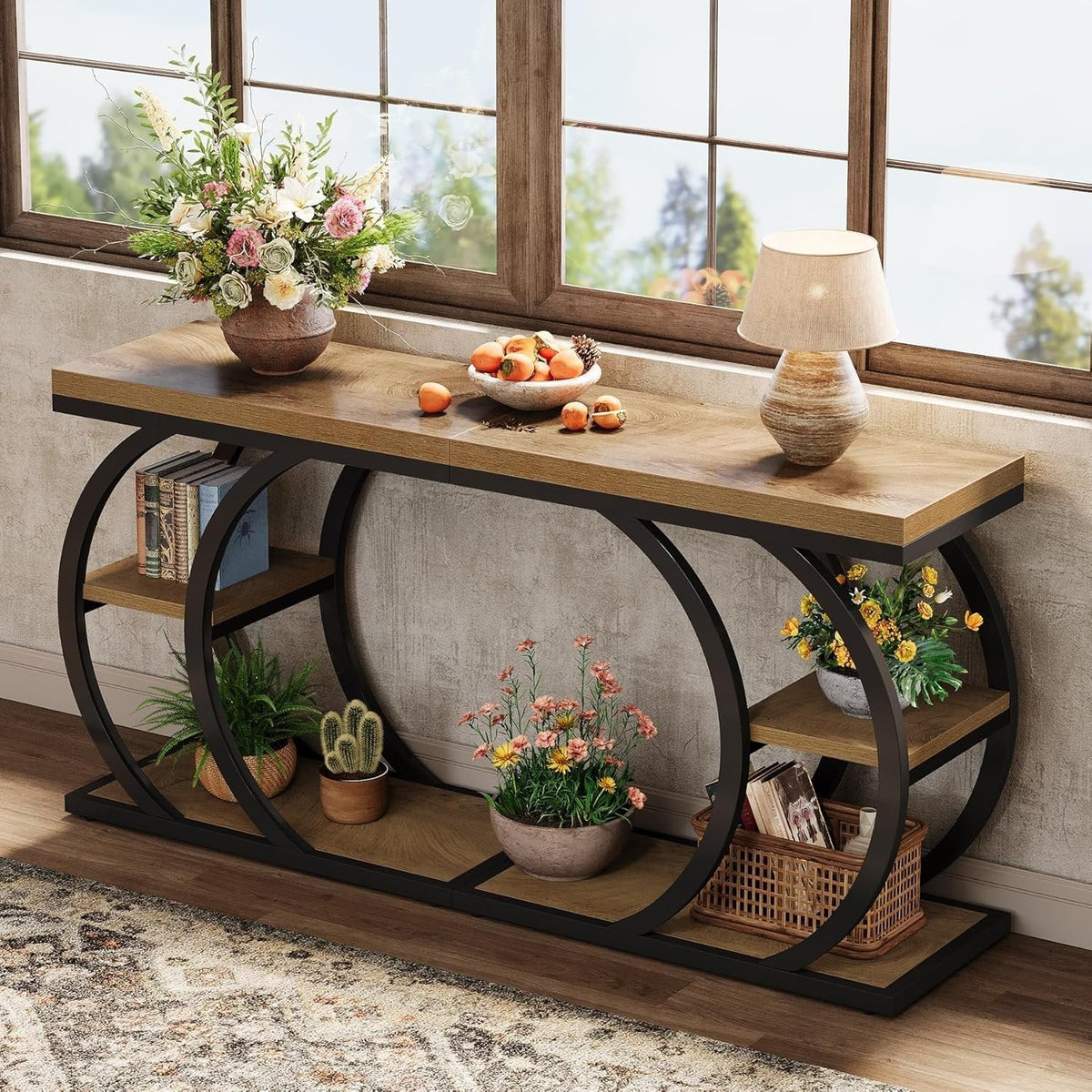 C-Space 3-Tier End Table, A Narrow C-Shaped Wood & Metal Side Table for Small Spaces