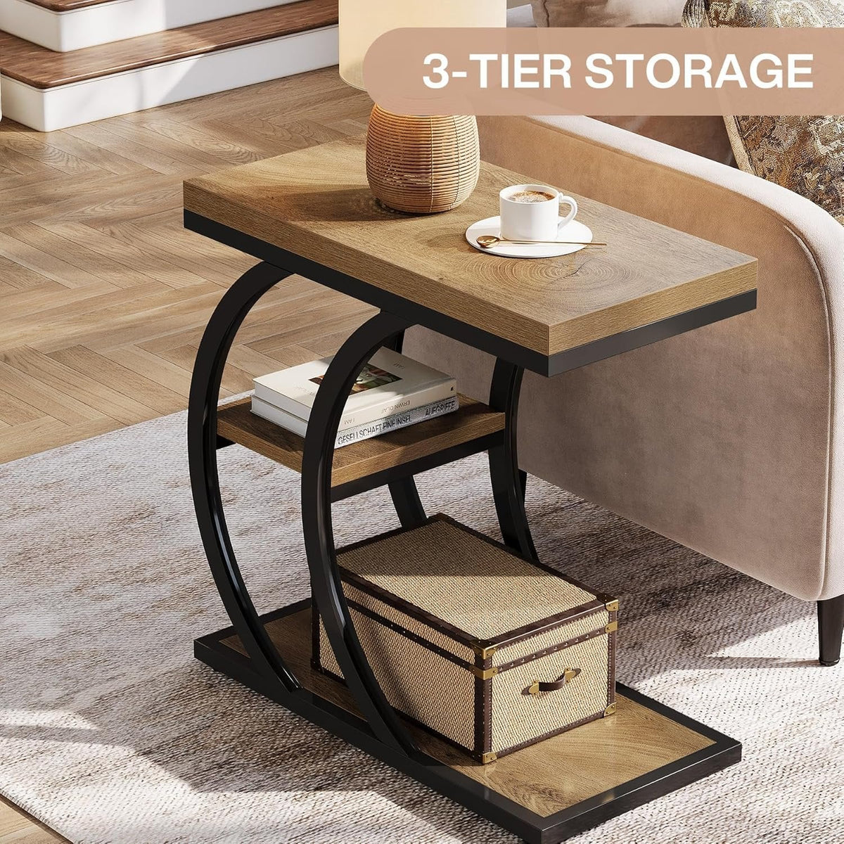 C-Space 3-Tier End Table, A Narrow C-Shaped Wood & Metal Side Table for Small Spaces