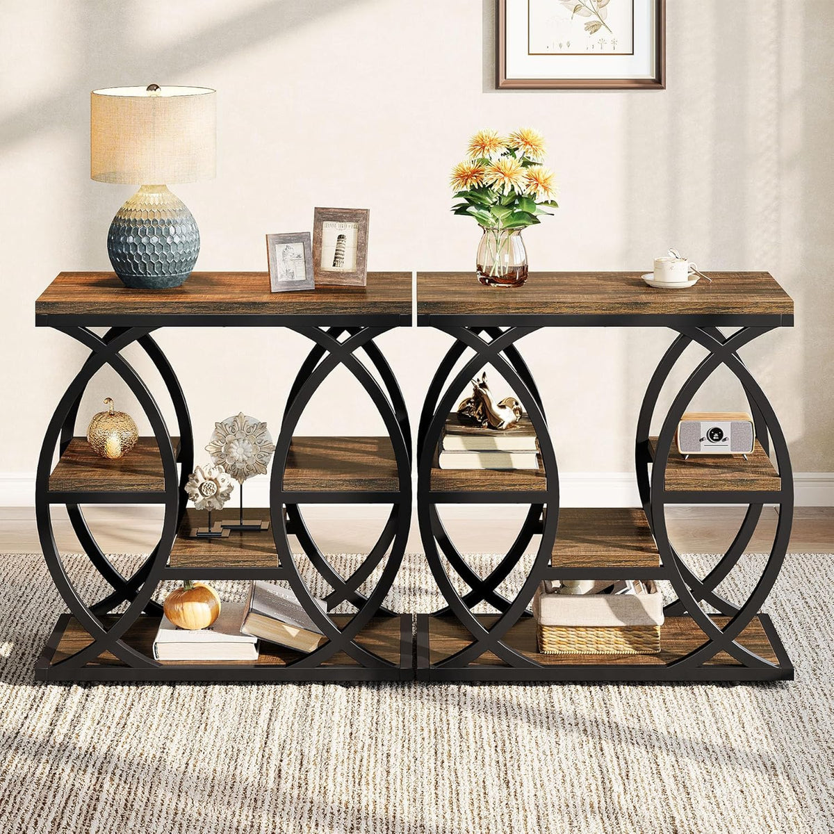 23.6" Rustic 4-Shelf End Table - Narrow Storage Side Table for Bedroom & Living Room