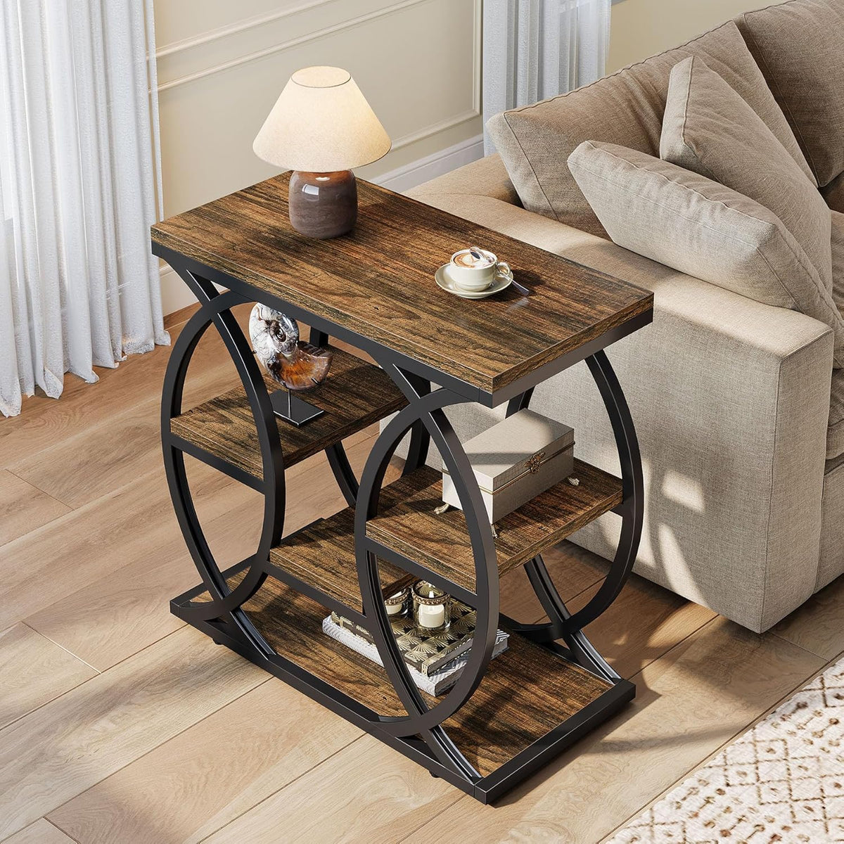 23.6" Rustic 4-Shelf End Table - Narrow Storage Side Table for Bedroom & Living Room