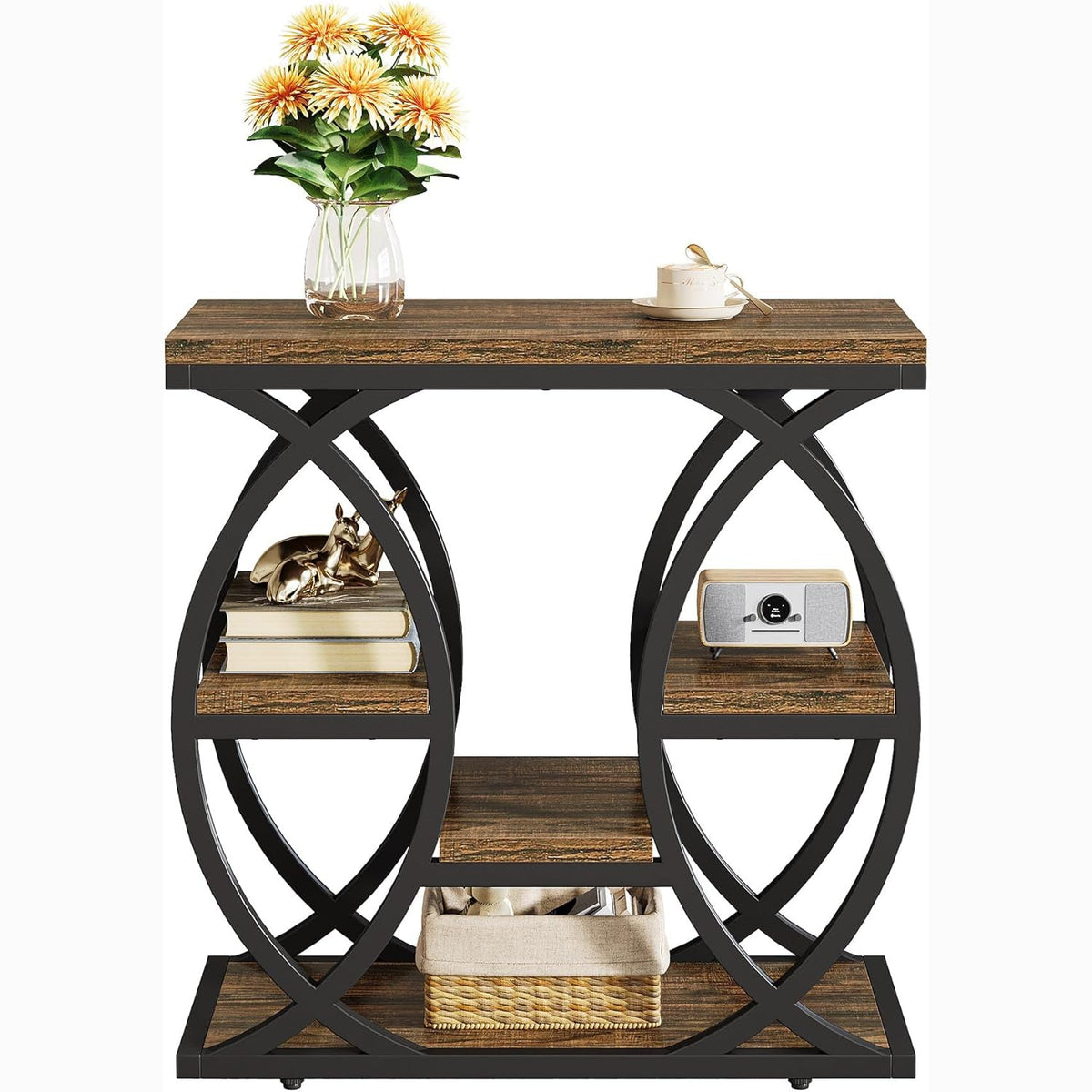 23.6" Rustic 4-Shelf End Table - Narrow Storage Side Table for Bedroom & Living Room