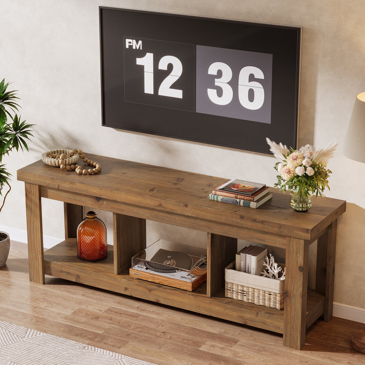 63-Inch Solid Wood TV Stand with 3 Open Storage Shelves, Farmhouse Entertainment Center for TVs up to 75 Inches