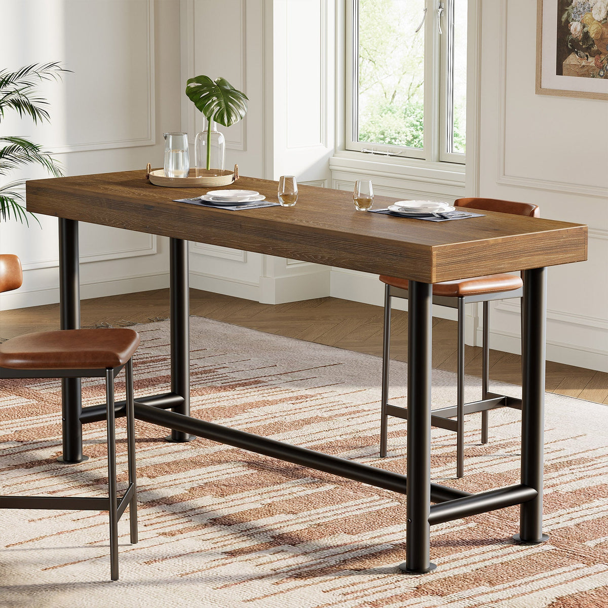63-Inch Solid Wood Bar Table with Metal Legs, Rectangular Counter Height Pub Table