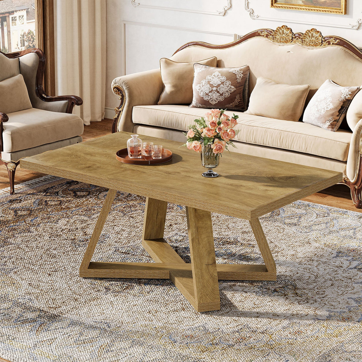 47" Rectangle Coffee Table, Farmhouse Wooden Accent Table for Small Spaces