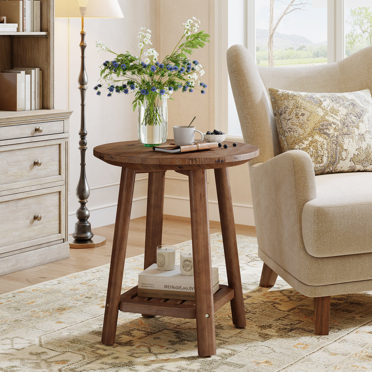 Round Side Table with 2-Tier Storage Shelf, Solid Wood End Table for Small Spaces