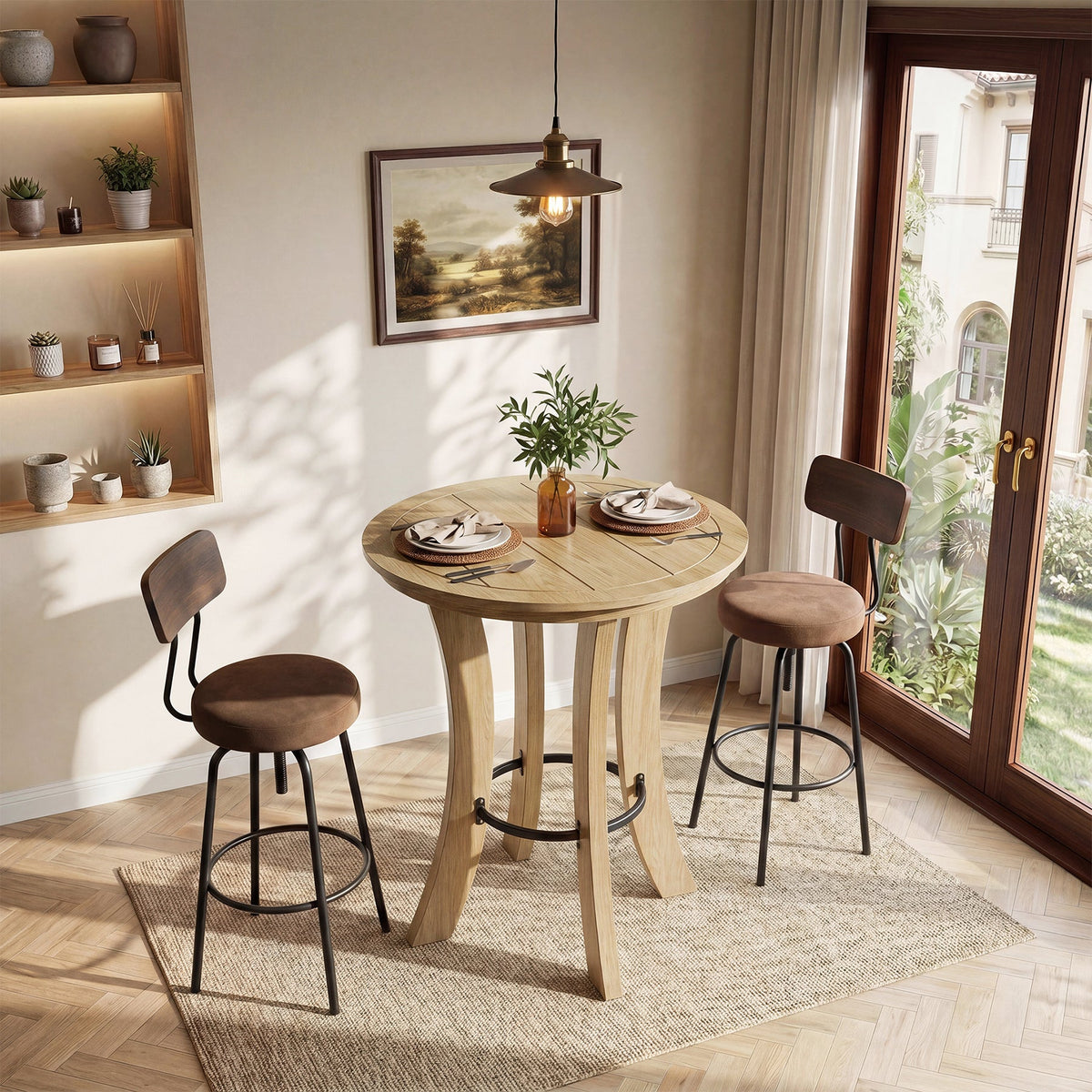 39.4-Inch High Round Bar Table with Curved Legs and Metal Footrest, Modern Pub Table for Kitchen and Coffee Bar