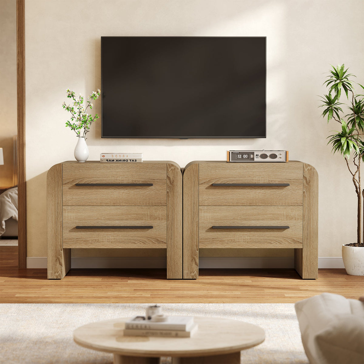 27.55 Inch 2-Drawer Nightstand with Curved Edges, Modern Bedside Table for Bedroom