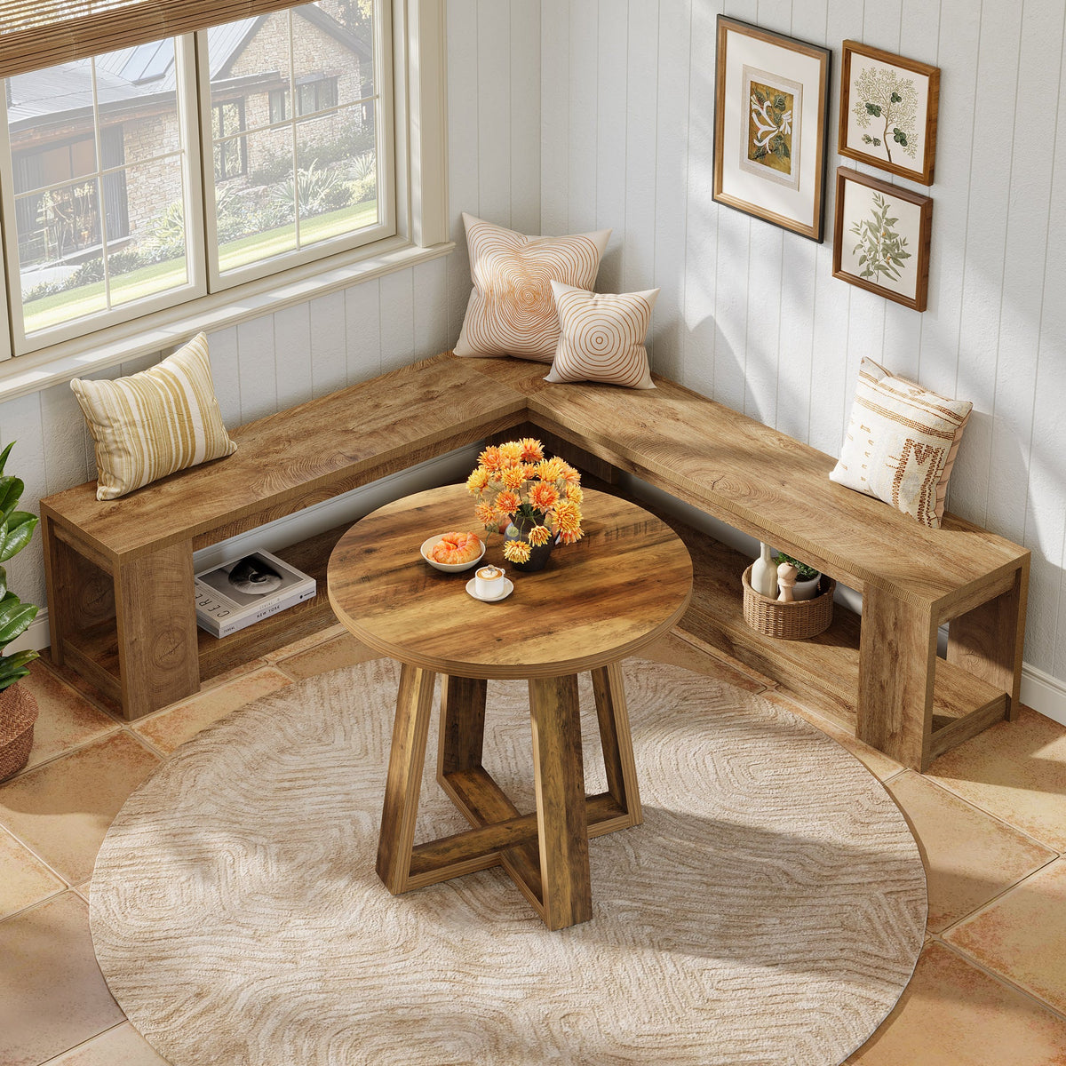61-Inch L-Shaped Shoe Bench with Storage, Farmhouse Corner Entryway Bench for Dining Room Living Room and Cloakroom