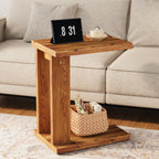 23.6" C-Shaped End Table, Solid Wood 2-Tier Side Table for Sofa and Living Room