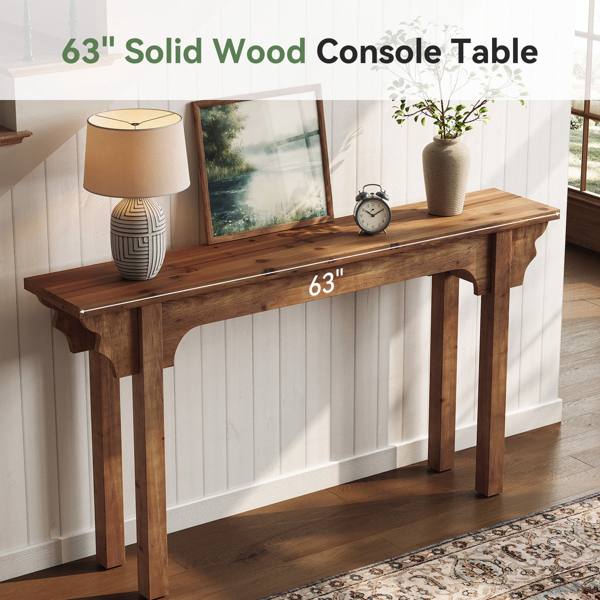 63-Inch Solid Wood Console Table with Unique Side Design, Farmhouse Narrow Sofa Table for Entryway