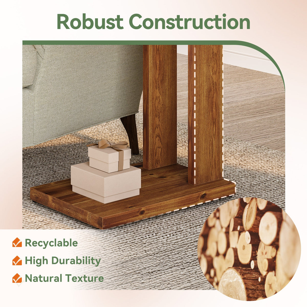 23.6" C-Shaped End Table, Solid Wood 2-Tier Side Table for Sofa and Living Room