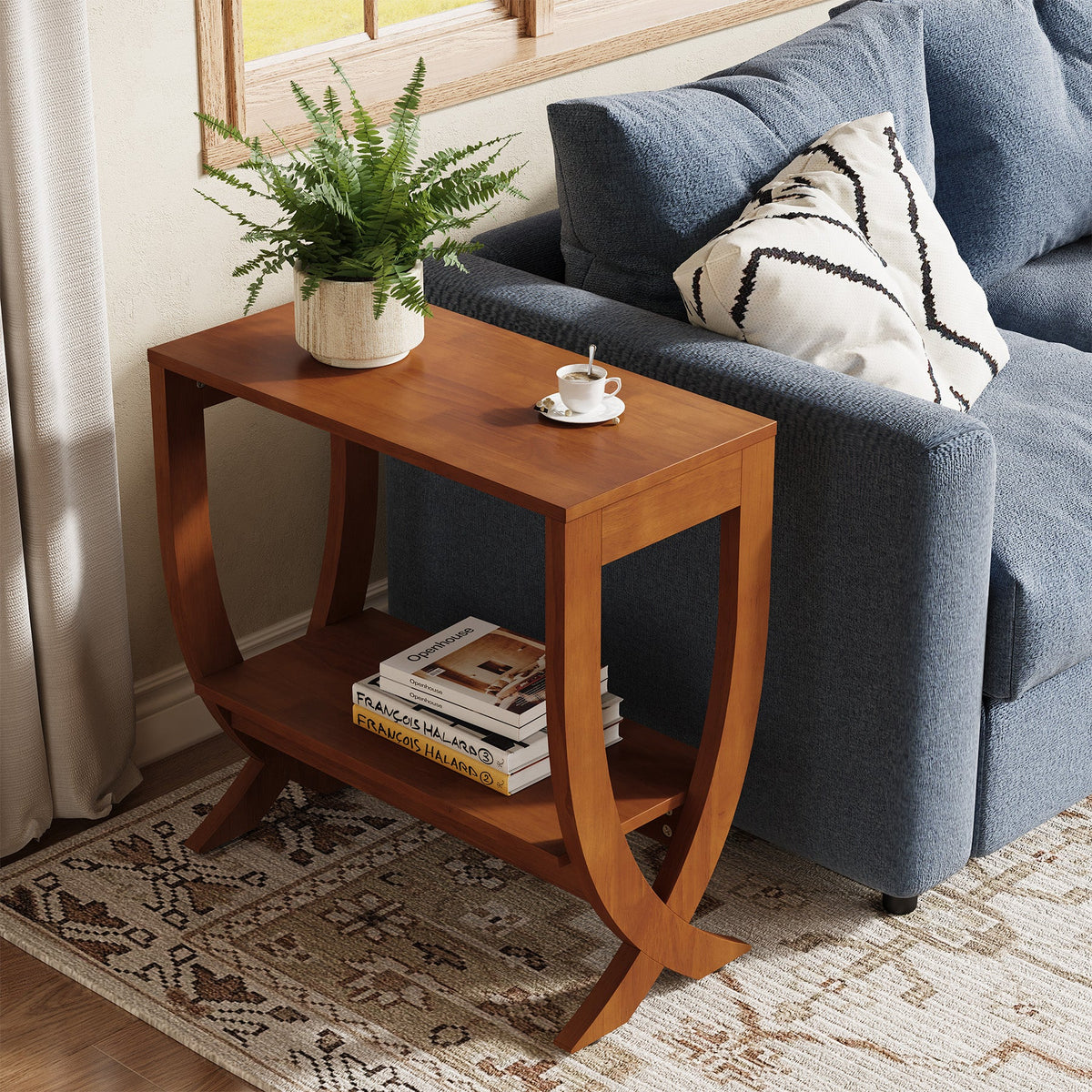 23.62" Small Solid Wood Side Table with Arched Legs, 2-Tier End Table for Sofa Side