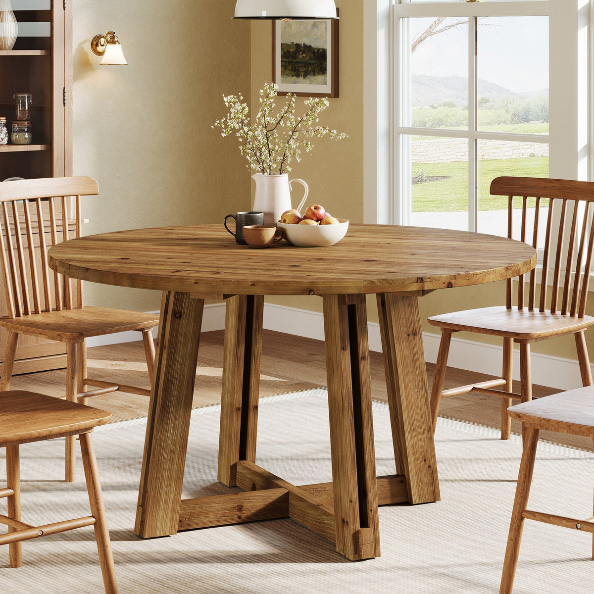 47.3-Inch Solid Wood Round Dining Table for 4-6 People, Farmhouse Kitchen Table with Cross-Shaped Base for Dining Room