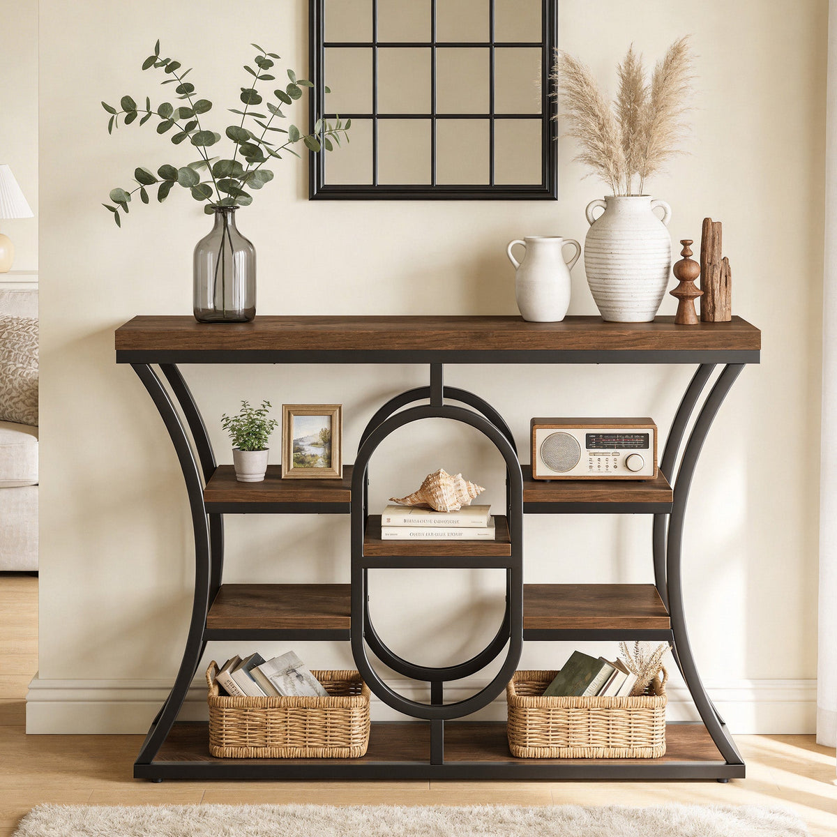 41.3" Sofa Table, Industrial Console Table with Shelves