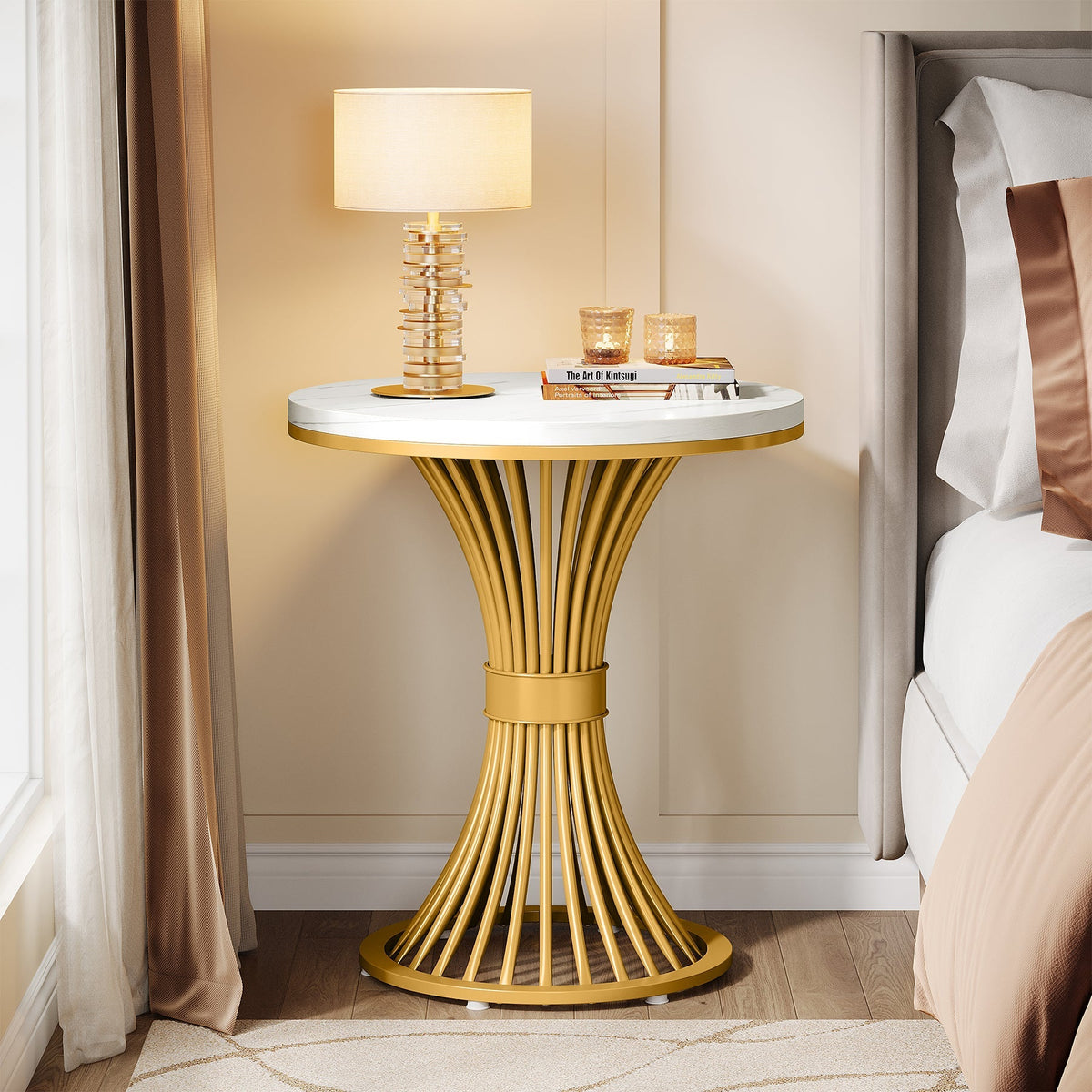 20" Round End Table with Faux Marble Top, White Side Table with Gold Metal Base
