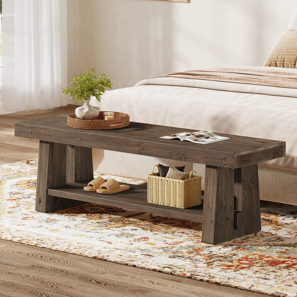 63-Inch Solid Wood Farmhouse Bench with 2-Tier Open Shoe Storage