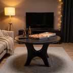 31.1 Inch Round Coffee Table with Cross Base, Modern Black Table for Living Room