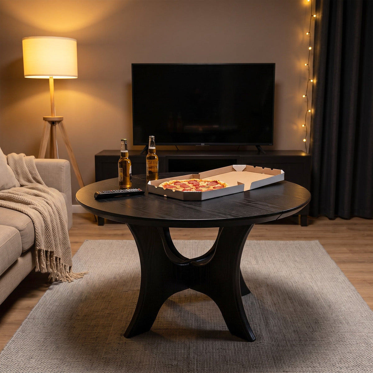 31.1 Inch Round Coffee Table with Cross Base, Modern Black Table for Living Room