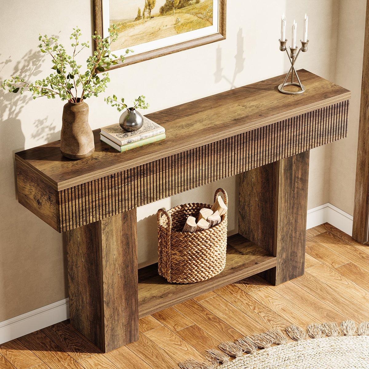55-Inch Farmhouse Console Table with 2-Tier Storage and U-Shaped Base, Narrow Entryway Sofa Table for Hallway