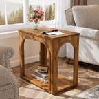 25.2-Inch Solid Wood End Table with Arched Design and Bottom Shelf, 2-Tier Farmhouse Side Table for Living Room