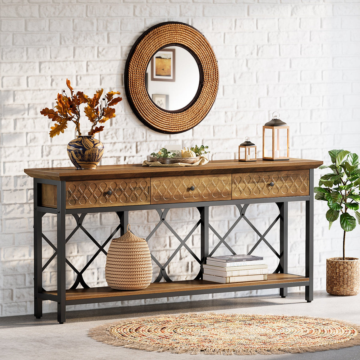 70.86-Inch Extra Long Console Table with 3 Drawers and Storage Shelf, Industrial Narrow Sofa Table for Living Room Entryway and Hallway