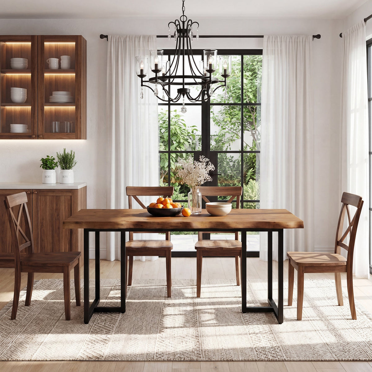 63-Inch Solid Wood Dining Table with Live-Edge Inspired Top and Metal U-Frame, Industrial Kitchen Table for 4-6 People