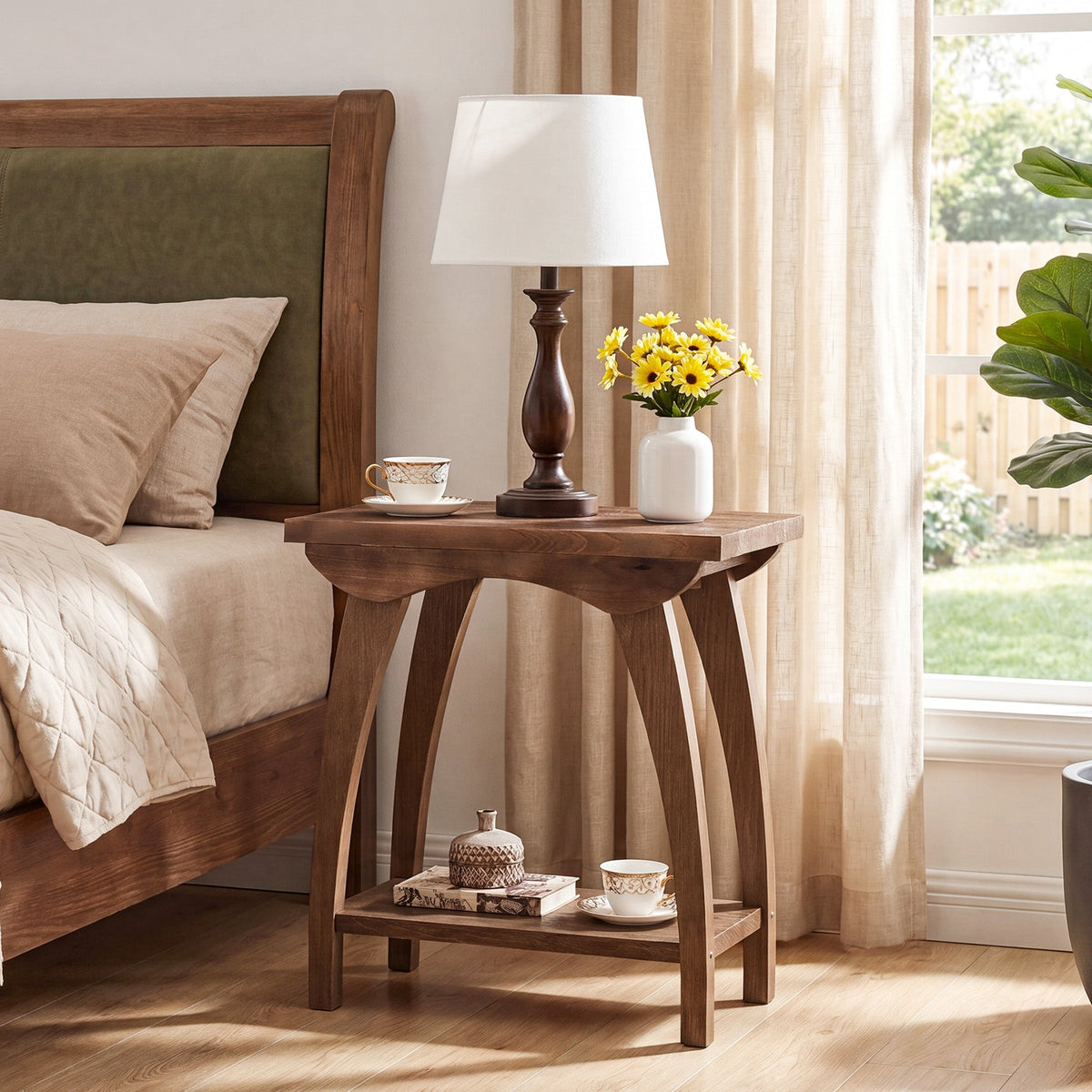 23.62-Inch Solid Wood End Table with Lower Shelf, Farmhouse Side Table for Living Room