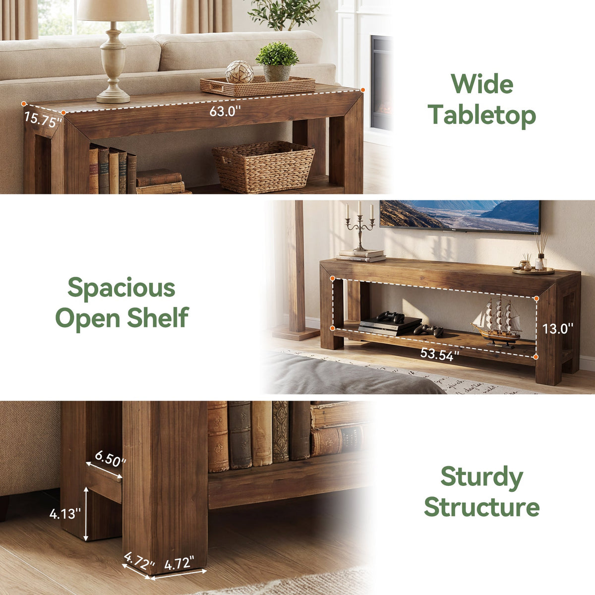 63-Inch Solid Wood TV Stand for TVs up to 75 Inches with 2-Tier Open Storage Shelves
