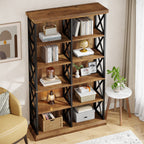 75-Inch Tall Double Wide Bookcase, 6-Tier Industrial Bookshelf with X-Pattern Frame
