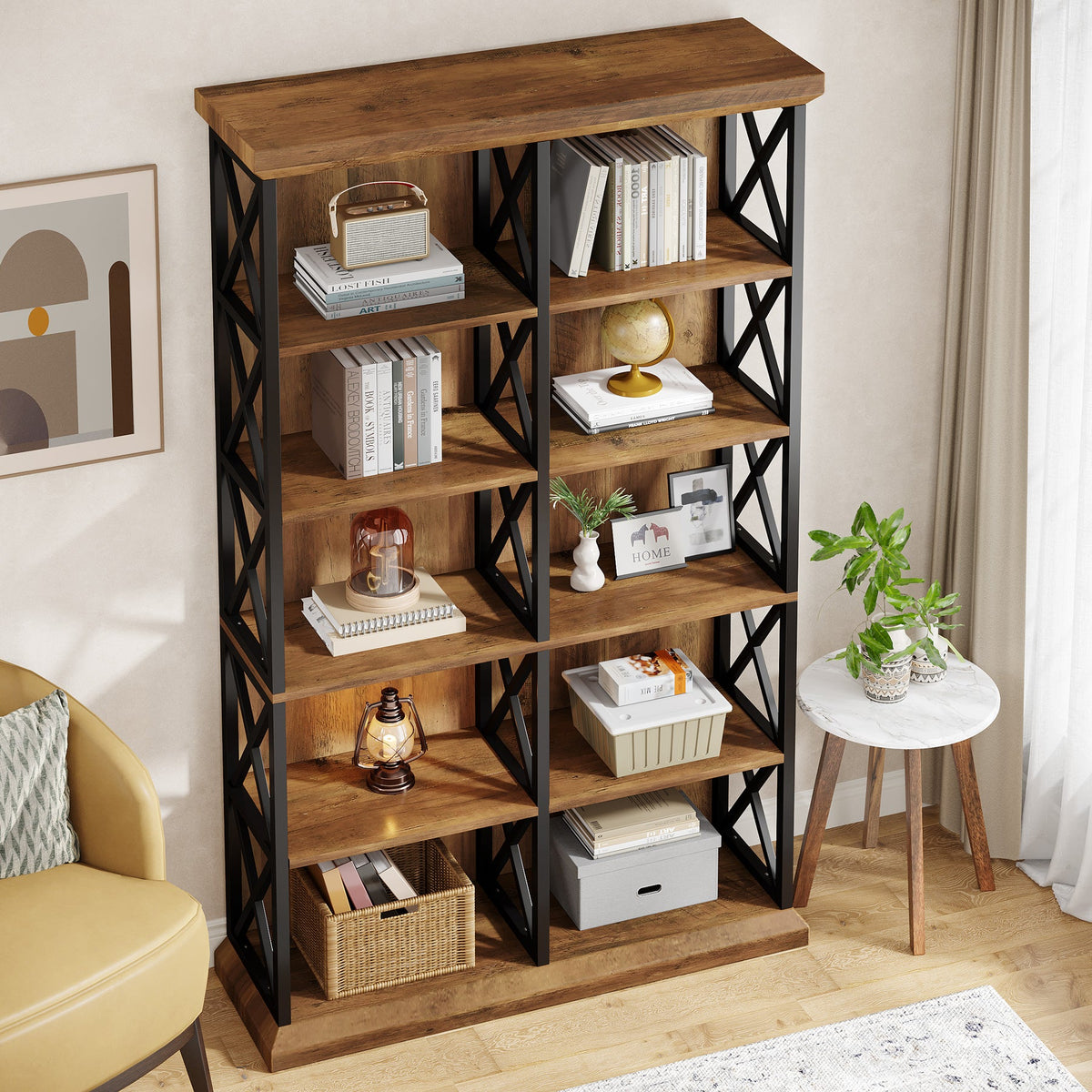 75-Inch Tall Double Wide Bookcase, 6-Tier Industrial Bookshelf with X-Pattern Frame