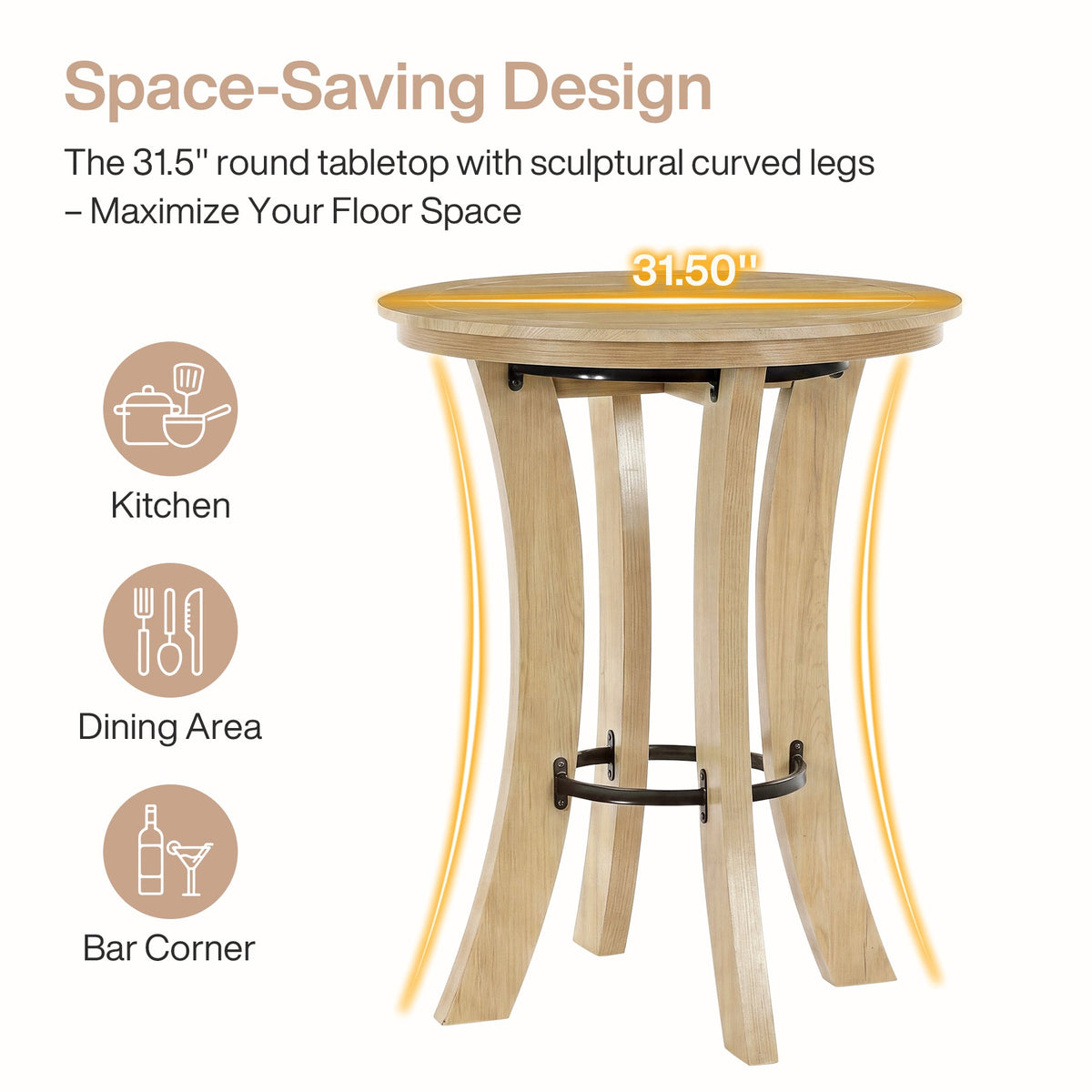39.4-Inch High Round Bar Table with Curved Legs and Metal Footrest, Modern Pub Table for Kitchen and Coffee Bar