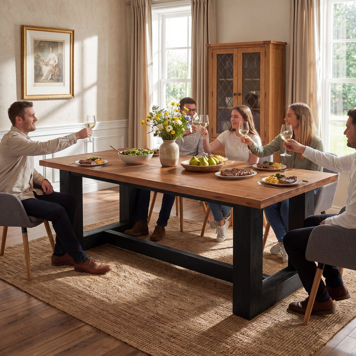 63 Inch Solid Wood Dining Table for 6, Farmhouse Kitchen Table with U-Shaped Legs