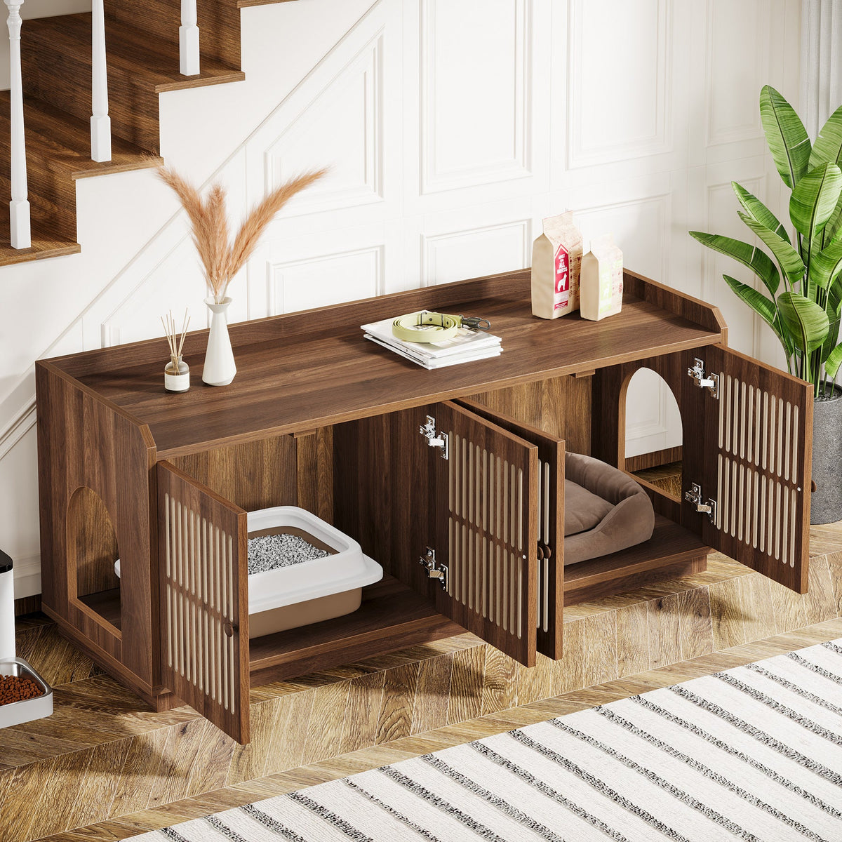 55.1-Inch Extra Large Cat Litter Box Enclosure for 2 Cats with 2 Cabinets and Side Entry, Hidden Wooden Cat Washroom Furniture for Living Room