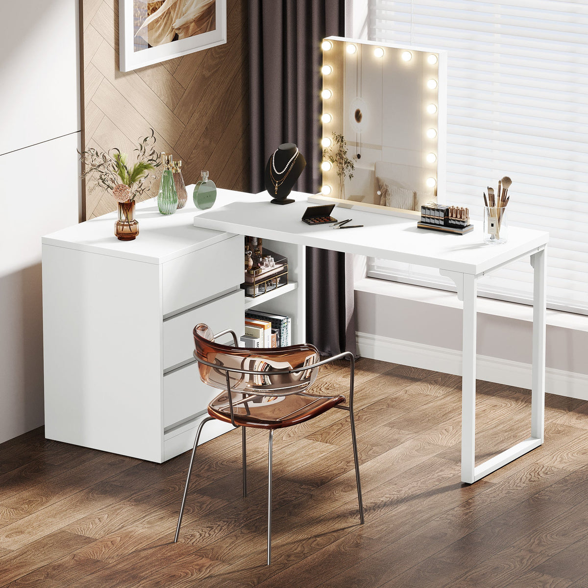 Vanity Desk with 3 Drawers and 2 Shelves, Matte White Makeup Table with Reversible Storage Cabinet for Bedroom