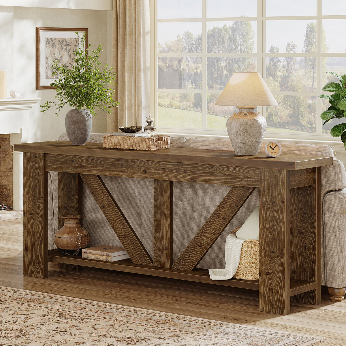 70.9-Inch Solid Wood Console Table with Triangular Base, 2-Tier Sofa Table for Hallway