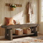 63-Inch Solid Wood Farmhouse Bench with 2-Tier Open Shoe Storage