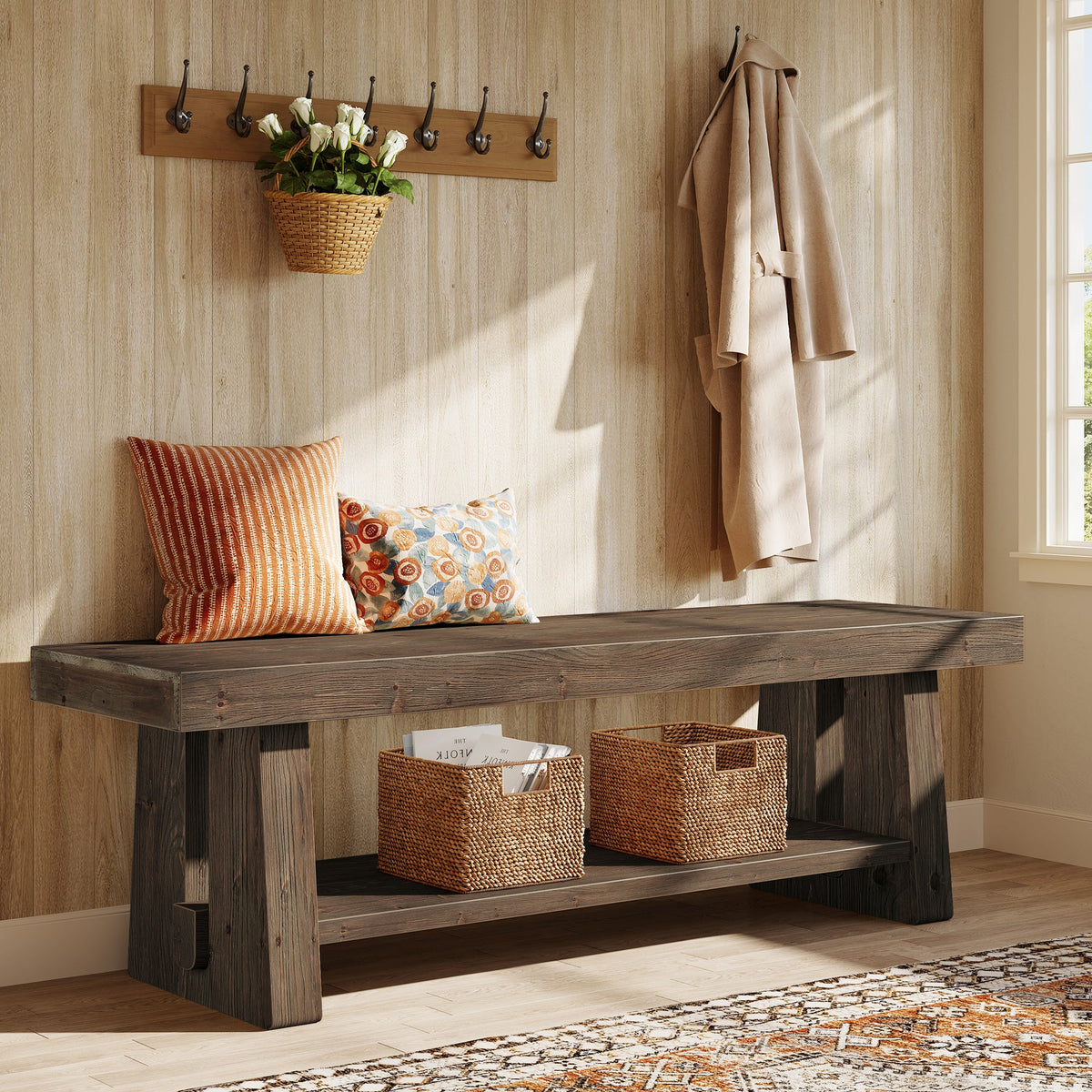 63-Inch Solid Wood Farmhouse Bench with 2-Tier Open Shoe Storage