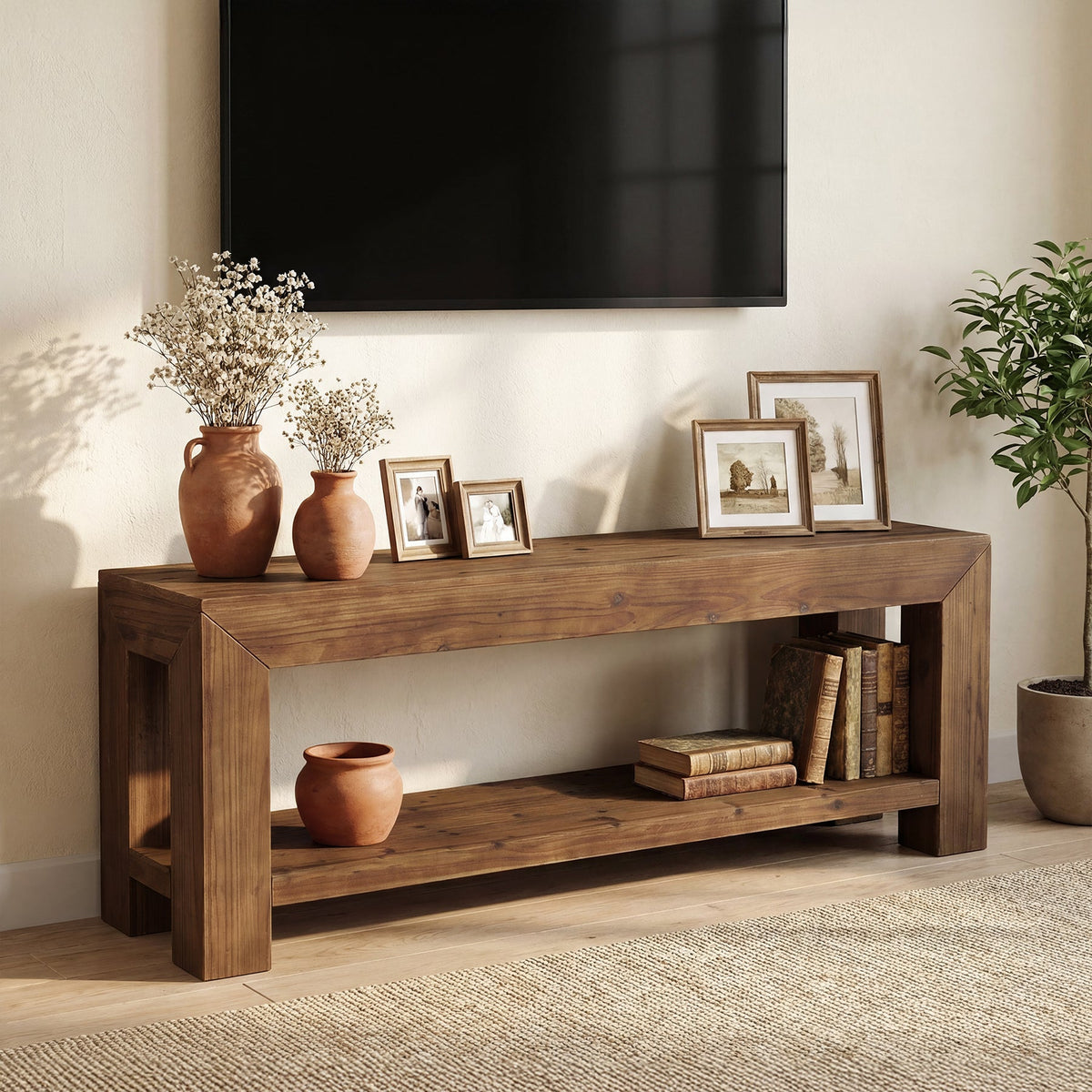 63-Inch Solid Wood TV Stand for TVs up to 75 Inches with 2-Tier Open Storage Shelves