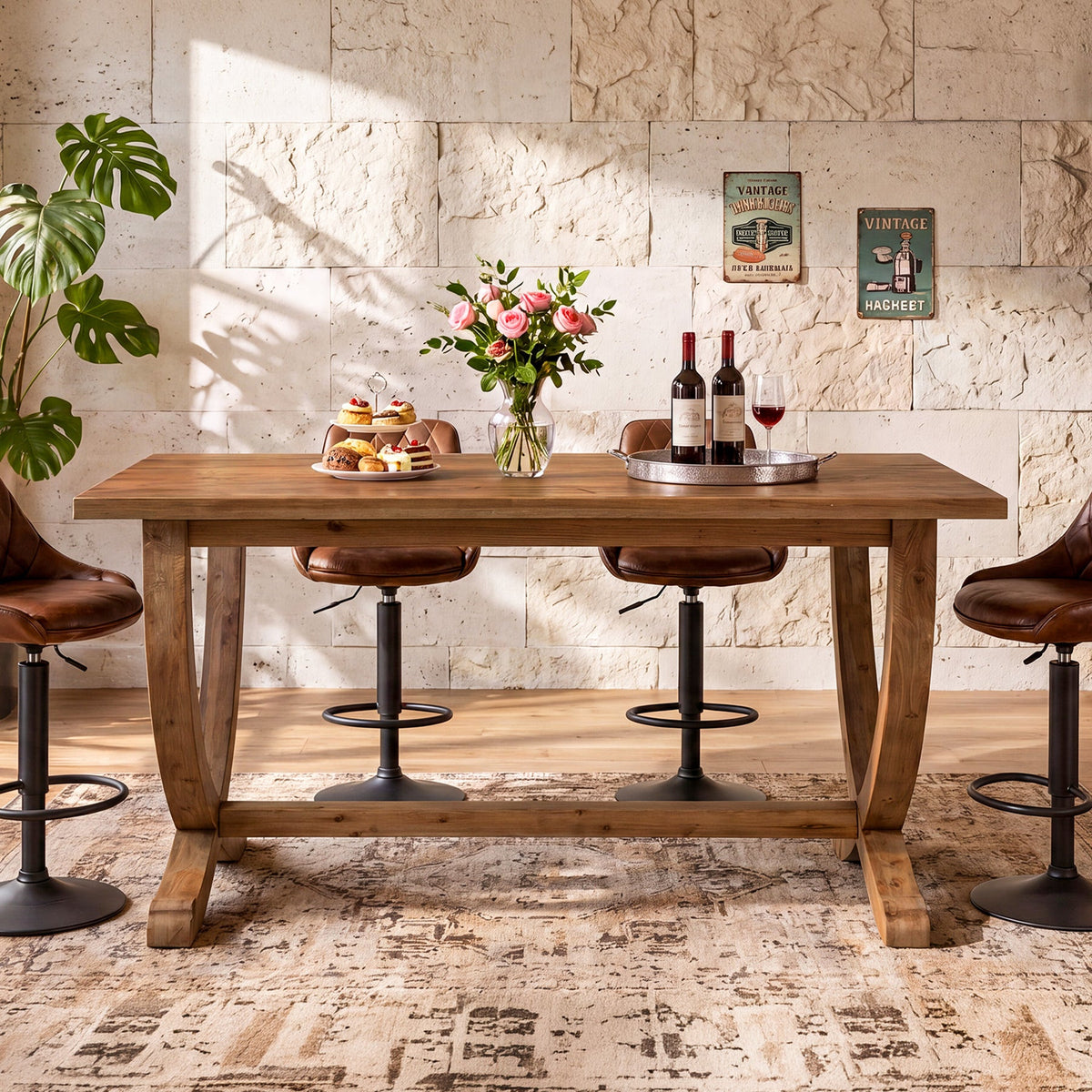 59 Inch Solid Wood Counter Height Dining Table with Footrest, Farmhouse Bar Table for 4-6