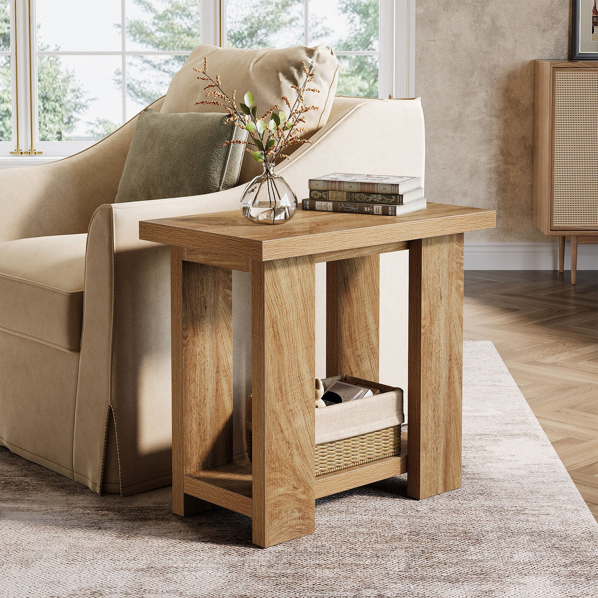 27.6-Inch Wooden Side Table with 2-Tier Shelf, Farmhouse End Table for Small Spaces