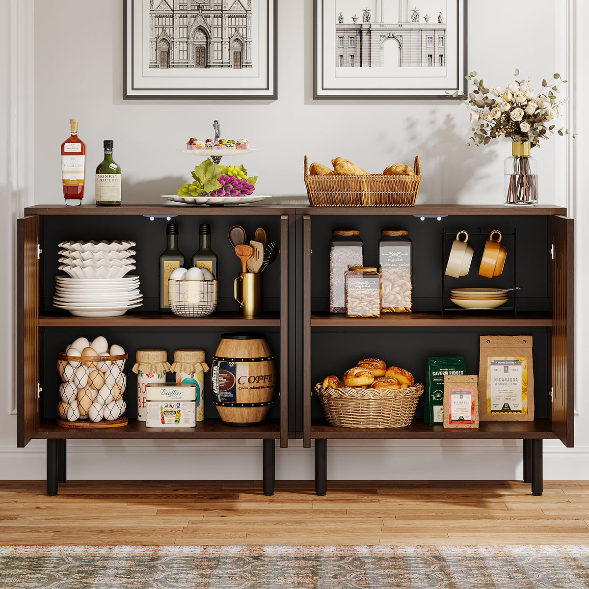 59-Inch Vintage Sideboard Buffet Set of 2 with Adjustable Shelves, Farmhouse Storage Cabinet for Kitchen Living Room and Hallway