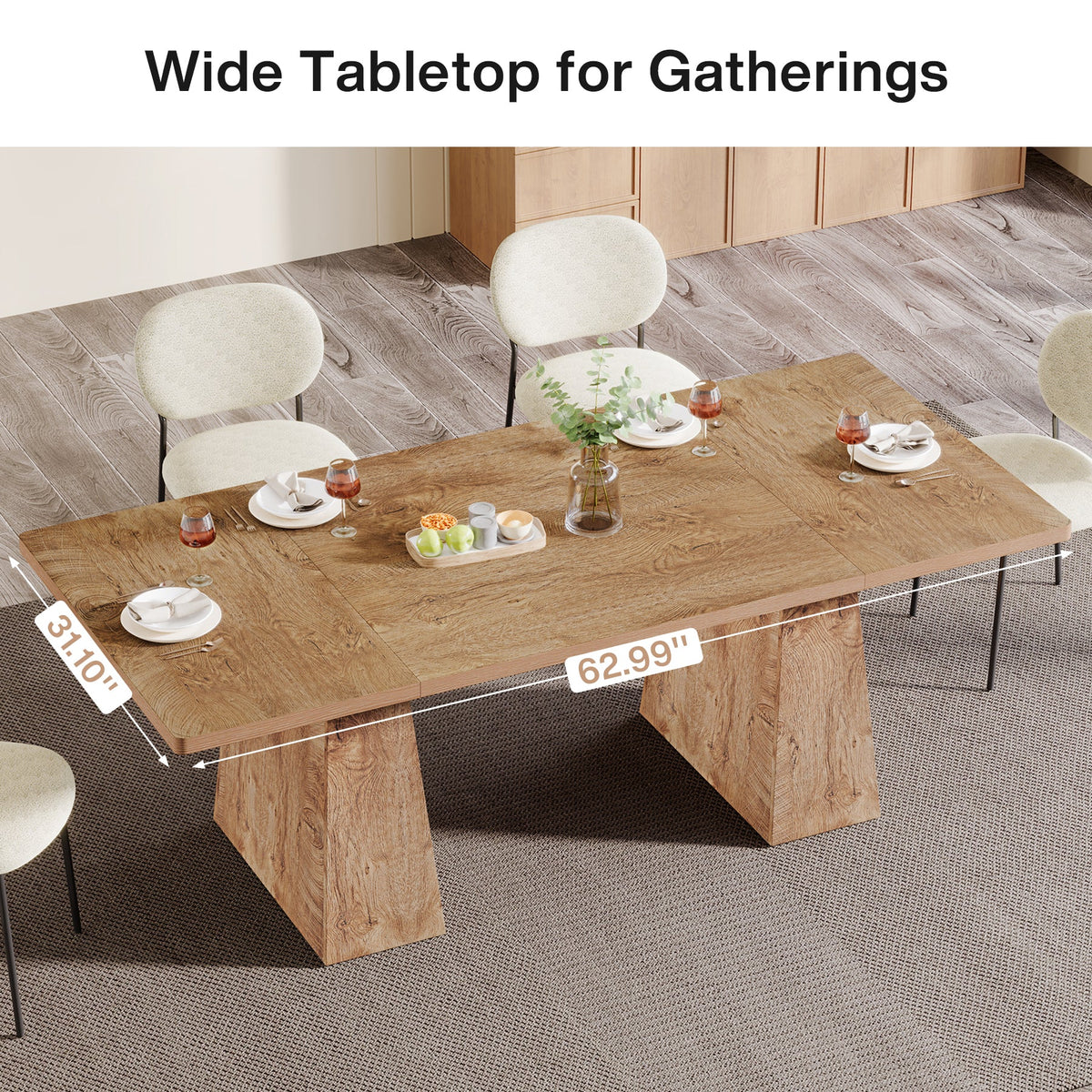 63 Inch Dining Table for 6, Farmhouse Rectangular Kitchen Table with Double Pedestal for Dining Room