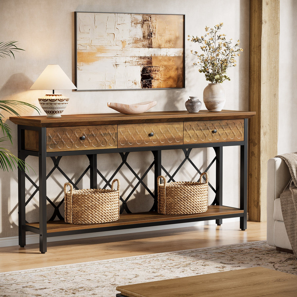 70.86-Inch Extra Long Console Table with 3 Drawers and Storage Shelf, Industrial Narrow Sofa Table for Living Room Entryway and Hallway