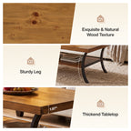47 Inch Solid Wood Coffee Table, 2-Tier Farmhouse Center Table with Storage Shelf and Curved Metal Legs