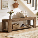 55.12 Inch Solid Wood Entryway Bench with Storage Shelf, Rustic Shoe Bench for Hallway