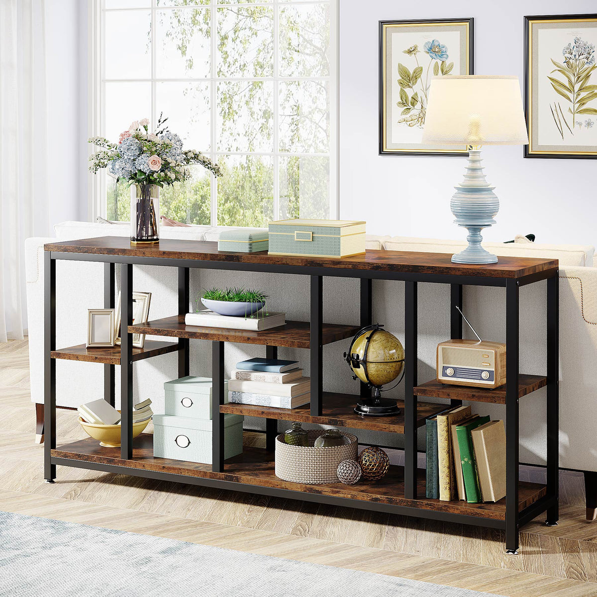 70.9-Inch Extra Long Console Table with 3-Tier Storage Shelves, Industrial Narrow Sofa Table for Entryway