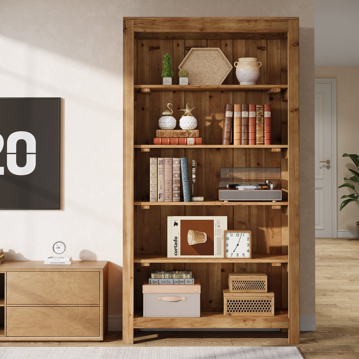 5-Tier Farmhouse Bookcase with Slatted Back Panel, Solid Wood Bookshelf for Home Office and Library